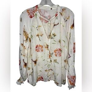 120% Lino Floral Linen Blouse Ivory Botanical Tie Neck Top Small